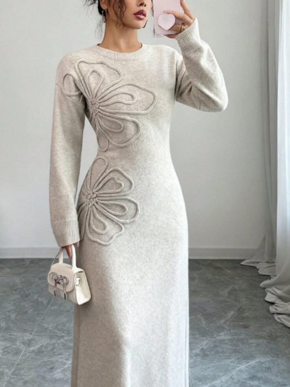 Apricot Casual Women's Round Neck Long Sleeve Drop Shoulder Knit Sweater Dress